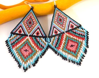 Statement Jewelry Beaded earrings Bohemian jewelry Extra large earrings tribal earrings mother gift Southwestern Dangle seed bead earrings