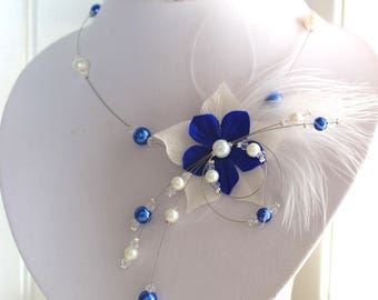 Wedding bridal necklace Pearl White (or ivory upon request) and blue feathers & silk flower