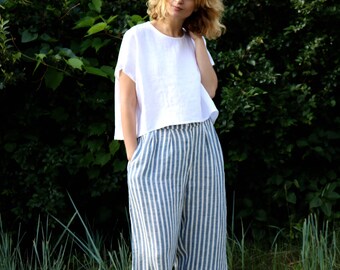 Culottes - Linen Culottes - Striped Linen Culottes - Linen Trousers - Women Culottes - Wide Leg Pants - Handmade by OffOn
