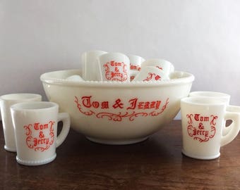 13 Piece Tom and Jerry Set McKee Milkglass Christmas Holiday Punch Bowl Hobnail White Red