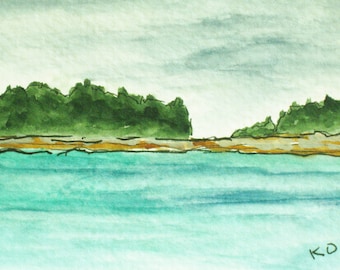 Coastal Painting Original Small ACEO Watercolor Richmond Island Kettle Cove Maine Artist Trading Card Pen and Ink Drawing Kathleen Daughan