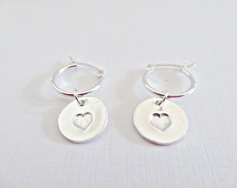Silver heart earrings, Fine silver earrings, Dangle earrings, Heart charm earrings, Silver hoop earrings, Pretty heart earrings, Made in UK