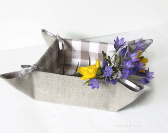 Fabric Storage Basket, Linen Bread Bin, Collapsable Basket, Beige linen Organizer, folding storage basket, Folding Bin, Square Basket