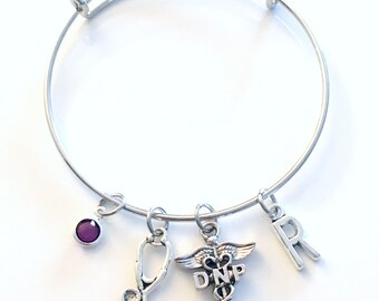 Doctor of Nursing Practice Bracelet, DNP Jewelry, Nurse Charm Bangle, Silver Medical Caduceus Stethoscope, Gift for women birthstone her