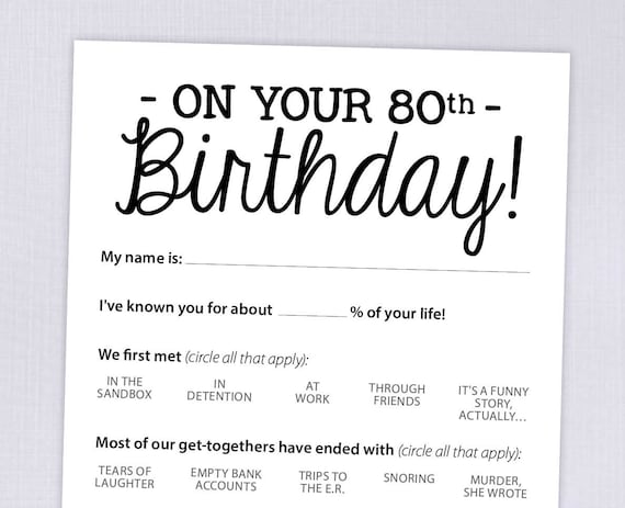 80th Birthday Party Game Card Funny Milestone Printable PDF