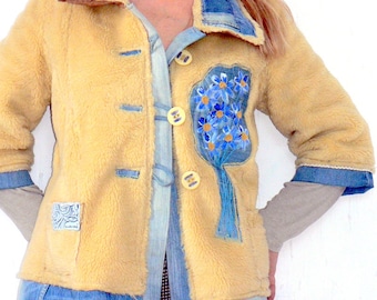 Recycled jacket of artifical hair pie on jeans.By hand paint bloom.