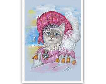 The Cat Romantique - Cat Art Print - Cats in Pink Clothes, Riviera Art - French Wall Art - Cute Pet Portraits by Maria Pishvanova