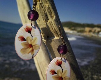 Flower earrings, pink earrings, spring earrings, handmade earrings, shrink plastic earrings, oval earrings, plastic jewelry