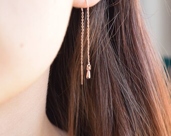 Simple dainty rose gold threader earrings. Tiny Minimalist. long Boho. Great combined with other piercings. Prom graduation gift for her