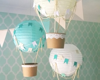 Whimsical Hot Air Balloon Decoration DIY kit MINT , Nursery Decor , Baby Shower Decor , Baby Boy , Travel Theme Nursery - set of 3