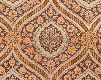 1970s Vintage Wallpaper Retro Vinyl Orange and Brown Floral Damask Gold Metallic by the Yard