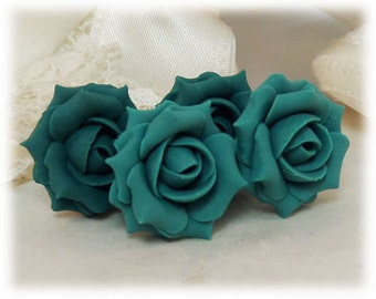 Teal Rose Earrings Stud or Clip On - Teal Rose Jewelry, Teal Flower Earrings