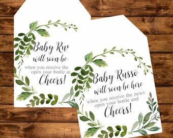 Baby shower tag, greenery watercolor personalized tag, leaf wreath printable baby shower gift tags, mini champagne bottle favor tags