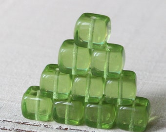 8x11mm Large Glass Cube Beads For Jewelry Making - Czech Glass Beads - Transparent Peridot Green - Choose Amount