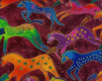 Laurel Burch Dancing Horses Fabric Burgandy Lg 1/2 Yard
