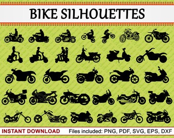 Bike Silhouette, Set of 30 Commercial Use Clipart, Motor Bike Clipart, Racing Bike, Dirt Bike, Motocross Bike, jpg pdf png eps dxf svg files