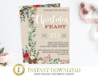 Printable Christmas Invitation, Editable Invitation, Christmas Invitation, Christmas Party, INSTANT DOWNLOAD, Rustic Christmas Invitation