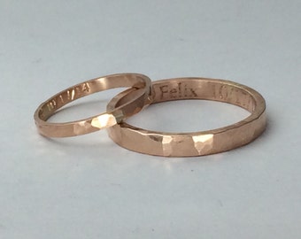 Rose gold wedding band set, his and hers, 10kt gold, hammered or smooth finish, rose gold ring