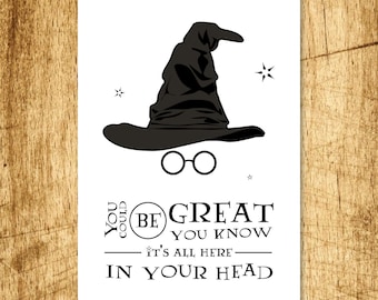 Printable - Wizard Sorting Hat Birthday Card. DIY Digital Download, design features the sorting hat, glasses and typography