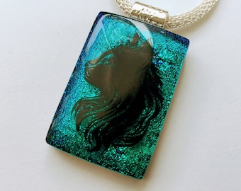 Cat Necklace, Dichroic Glass Cat Pendant, Fused Glass Jewelry, Turquoise Cat Profile Necklace