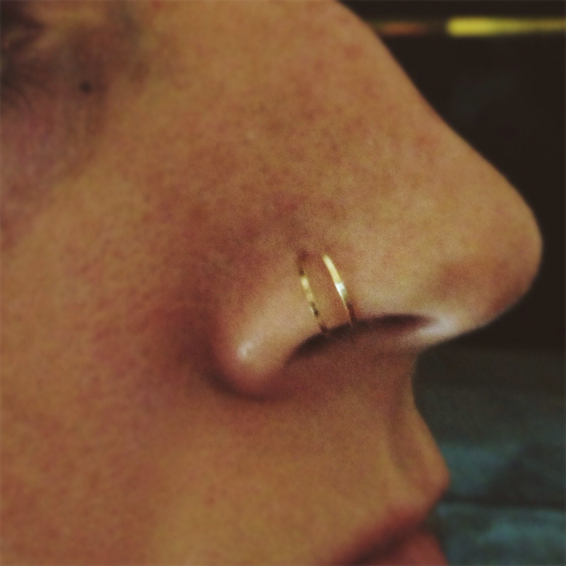 Set of 2 Hammered Double hoop Nose Rings in Gold Rose Gold or