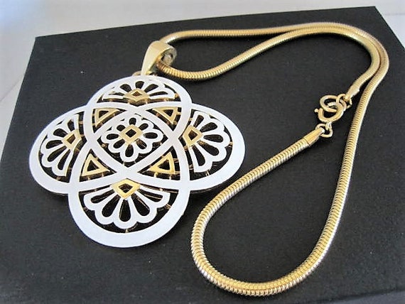 Crown Trifari Necklace, White Pendant, Gold Chain, Decorative Enamel