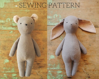 Bunny rabbit and bear stuffed animal doll sewing pattern / soft toy PDF tutorial