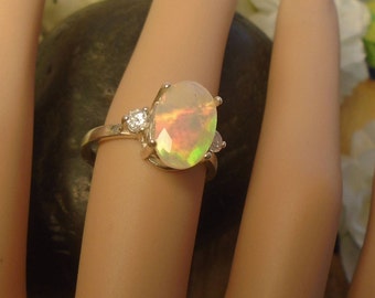 Clear Ethiopian Fire Opal 2 Birthstone Accent Gems Ring,Sterling Silver Ring, 1.70 Cts 11.5 x 9.1 mm AAA+++ Ethiopian Fire Opal