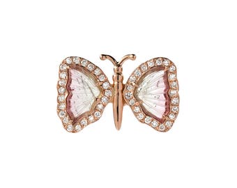 14K Rose Gold Diamond and Tourmaline Butterfly Stud Earring