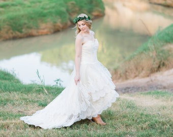 Country Wedding Dress with Lace High Low Hem - The Guinevere Dress