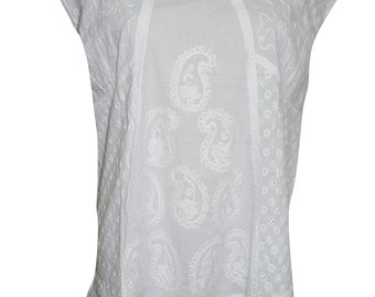 Bohemian Womens White Tunic Paisley Embroidered Cap Sleeves Blouse Top XL