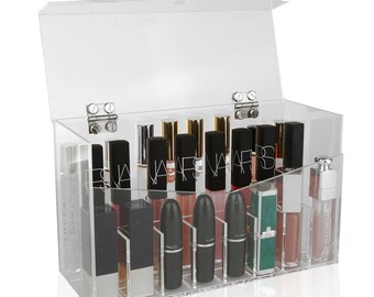 Extra Tall 24-Slot Acrylic Cosmetic Organizer Case Holder with Lid for Liquid Lipsticks, Rollerball Perfumes and Essential Oils