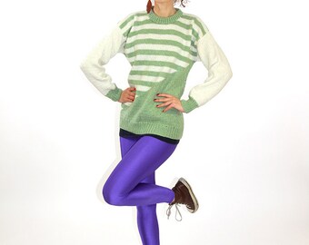 Green vintage sweater, striped women sweater, jumper, green pullover, wool sweater, M, 38, handmade sweater, ugly christmas sweater.