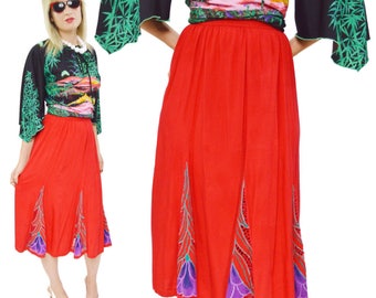 Vintage 80s Red Floral Long A-Line Skirt