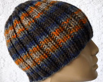 Beanie hat, skull cap, navy blue gray taupe orange rust brown, striped hat, mens womens knit hat, toque, winter hat, ribbed beanie hat