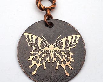 Etched copper butterfly pendant, round flat metal, 31mm