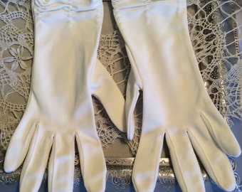Vintage Gloves above Wrist White-Gathered-Day or Evening-Nylon-Vintage Accessories-Gloves White-Formal Gloves-Accessories