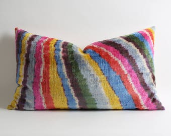 Luxurious rainbow silk velvet ikat pillow cover 16x26 Velvet Pillow Covers