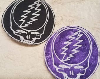 Steal Your Face, Grateful Dead patch, Glow in the Dark, skull embroidered accessory, sparkling purple background