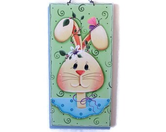 Spring Bunny Wall Hanging, Handpainted Wood Sign, Hand Painted Easter Spring Home Decor, Tole Decorative Painting, B6