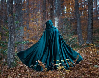 Velvet cape green hooded cloak, medieval elven fantasy costume cape with hood