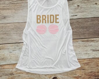 Mermaid Bride Shirt - Blush Pink and Gold Glitter Bride Tank - White Muscle Tee - Blush and Gold Wedding - Bachleorette Shirt