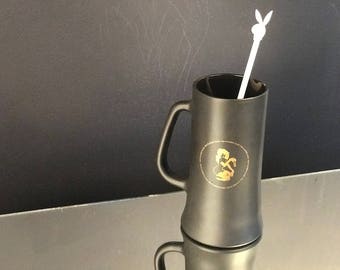 Vintage Playboy Club Black Glass Stein Mug with Femlin in Gold | Playboy Club Chicago | Includes white playboy club stir stick