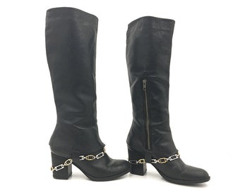 90s Madden Boho Leather Boots with Chains / Mid Calf Vintage Steve Madden Black Leather Biker Grunge Shoes 7.5 Chain Boots