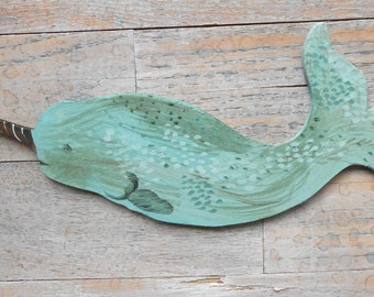 Narwhal Wood Sculpture by Kimberly Hodges, narwhal whale, folk art whale, wood art
