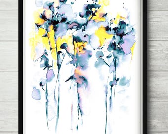 Fields of Joy, flower abstract print, landscape wall decor, bright painting, blue yellow art, abstract floral print, modern wall decor