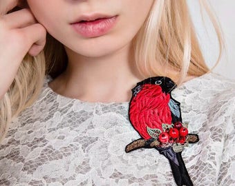 Embroidered brooch "Bullfinch"
