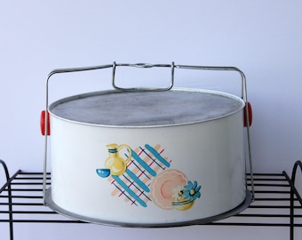 Cake Pie Carrier, Vintage Dish Design, Plaid Cake Saver, Metal Cake Safe, Peoria Cover Dome, Red Plastic Handles