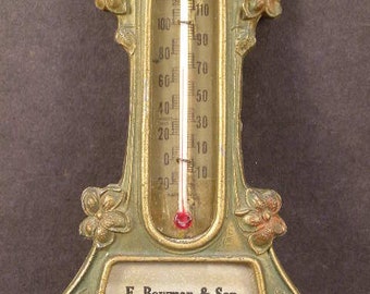 1800's Art Nouveau Advertising Store Shelf Bronze Thermometer Periwinkle Flower~