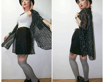 1980s Sheer Black Duster with Gold Stripe Print